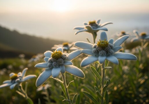 Javanese edelweiss (Anaphalis javanica) blooming in a highland mountain meadow during golden sunrise. This protected alpine flower symbolizes eternal love and natural beauty, captured in detailed macr