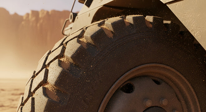 Close-up of a military vehicle tire in desert environment showcasing its tread pattern for off-road traction and vehicle mobility