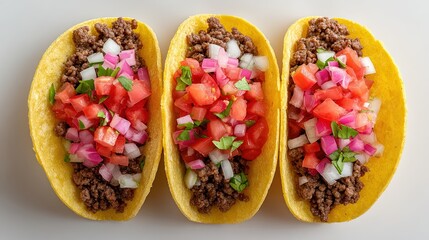 Three hard shell tacos filled with seasoned ground beef and fresh diced tomato onion salsa