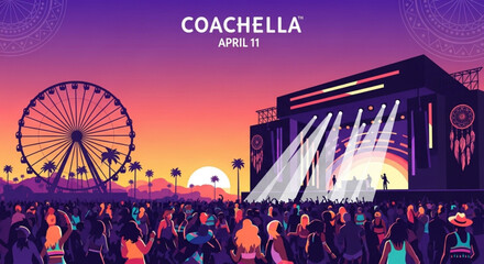 Vibrant coachella music festival crowd at sunset with stage and ferris wheel © Rehan