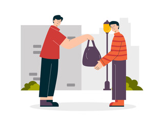 A man giving a bag of items to another person, symbolizing support, donation, or volunteer activities. Helping people illustrations. Flat vector concepts.