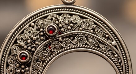 Obraz premium Intricately Designed Silver Pendant with Red Jewels.