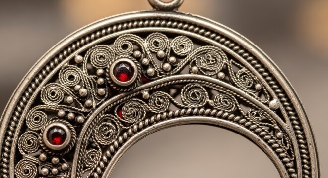 Intricately Designed Silver Pendant with Red Jewels.