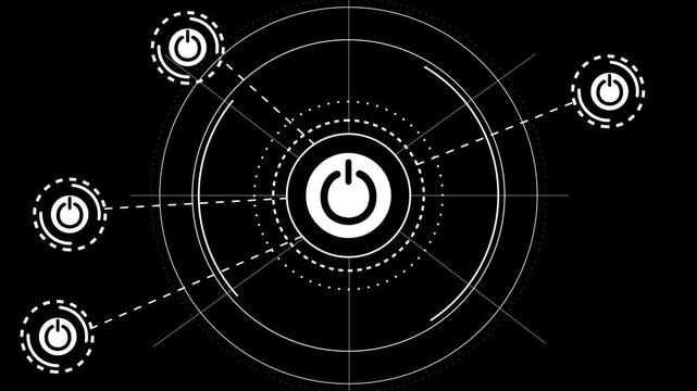 Futuristic HUD Power Interface Animation with Rotating Circular Data Circles and Digital Start Symbols in Seamless Loop