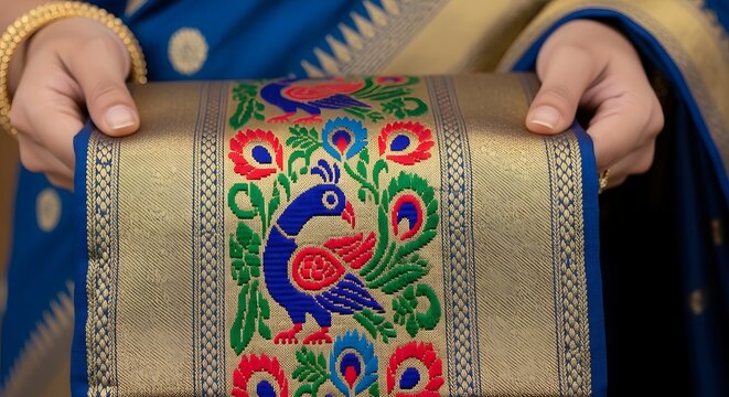 Woman Hands Holding Blue Saree With Peacock Embroidery