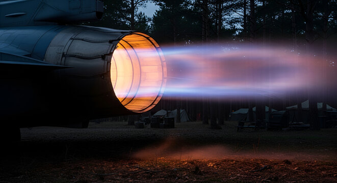 F-16 Fighting Falcon military jet ignites afterburner at dusk in forest; powerful aircraft engine emitting bright orange flames and blue exhaust plume