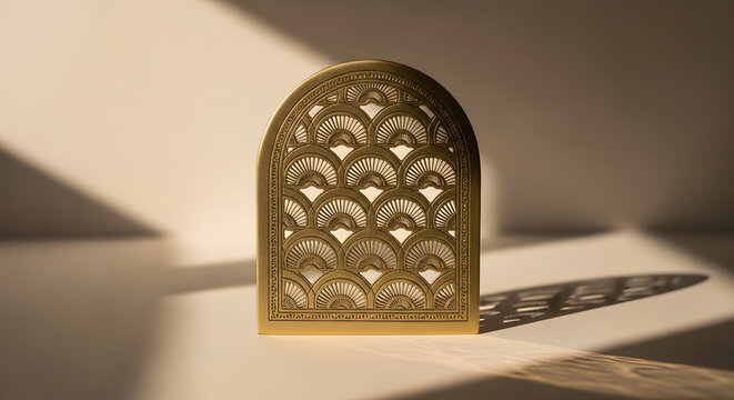 A golden arched decorative object with an intricate scallop pattern casting shadows.
