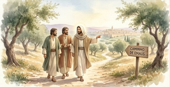 Jesus Walking with Disciples on the Road to Emmaus, Watercolor Painting