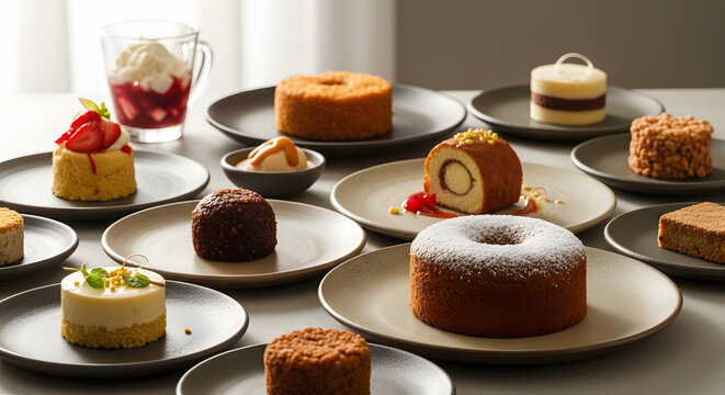 A delightful assortment of various small cakes and desserts beautifully arranged on individual plates.