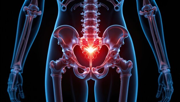 Lumbar Spine and Pelvis Pain Illustration: Anatomy with Highlighted Sacroiliac Joint Inflammation and Spinal Stenosis
