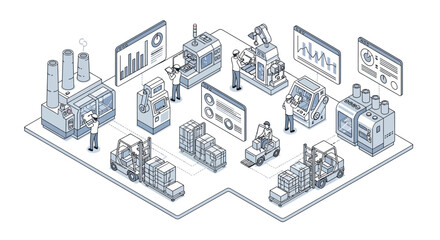 Obraz premium Isometric illustration of a smart factory with people working around various machines and screens displaying data in a modern industrial setting with a blue and white color scheme.