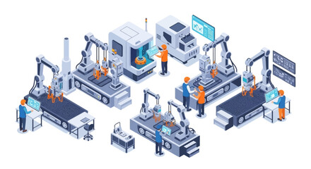 Obraz premium Isometric illustration of a smart factory with people working on various machines and equipment in an Industry 4.0 setting with a modern design layout on a white background.