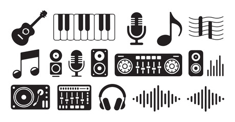 Collection of music production equipment icons featuring sound waves speakers mixers and digital interface © Farik