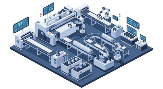 Isometric illustration of a modern Smart Factory Industry 4.0 with various machines, people, and icons on a blue background, showcasing a futuristic industrial layout and design.