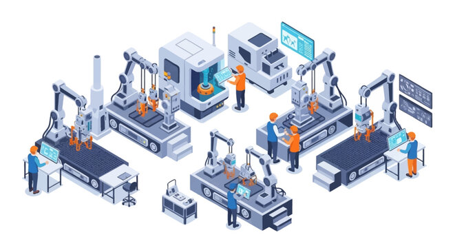 Isometric illustration of a smart factory with people working on various machines and equipment in an Industry 4.0 setting with a modern design layout on a white background.