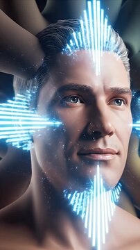 CGI depiction of a man with a cochlear implant visualizing sound waves impacting the auditory cortex for hearing perception education