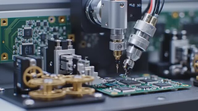 Precision robotic arm assembling and testing electronic components on a circuit board