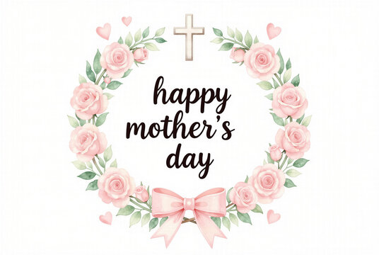 Pink rose floral wreath with christian cross and pink ribbon border featuring happy mother's day greeting text for greeting card or religious celebration.
