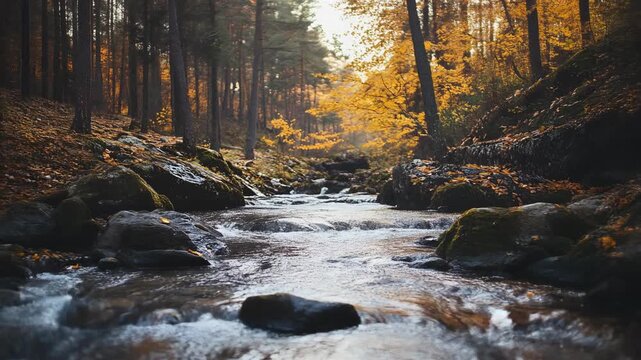 A tranquil stream flows through an autumnal forest with colorful foliage and mossy rocks