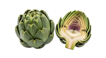 Fototapeta premium Artichoke Whole and Half Isolated PNG – Fresh Green Artichoke Cut Vegetable Transparent Background