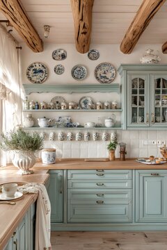French Provence Style Kitchen Interior with Natural Light, Rustic Wooden Beams and Pastel Cabinets