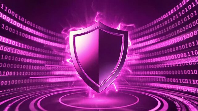 A vibrant purple explosion with red fragments and binary code background