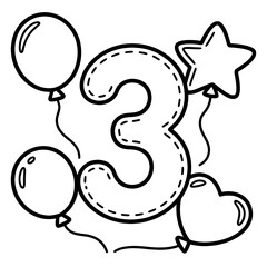 Fototapeta premium Balloons with Number Three Illustration for Birthday Celebration Coloring Page in Doodle Style with Star and Heart Shapes