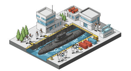 Isometric 3D illustration of a military submarine docked at an army base with personnel and vehicles, surrounded by buildings and a harbor.
