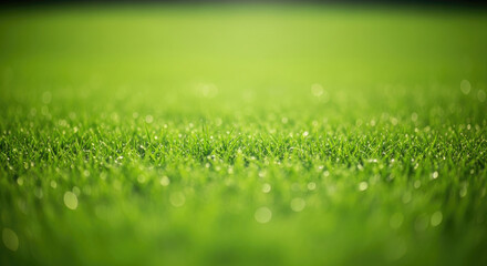 Naklejka premium A blurred, close-up view of vibrant green grass. Dewdrops shimmer on the blades, creating a bokeh effect.