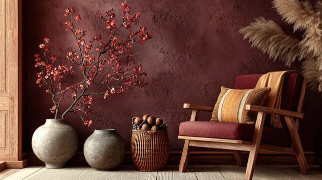 Warm cozy burgundy and golden background with soft light and elegant interior details creating a calm virtual setting for video calls and meetings in a comfortable professional warm space