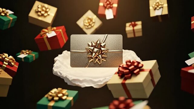 Gift Card and Presents Floating in Dark Space with Spotlight Perfect for Holiday Promotions and Special Occasions.