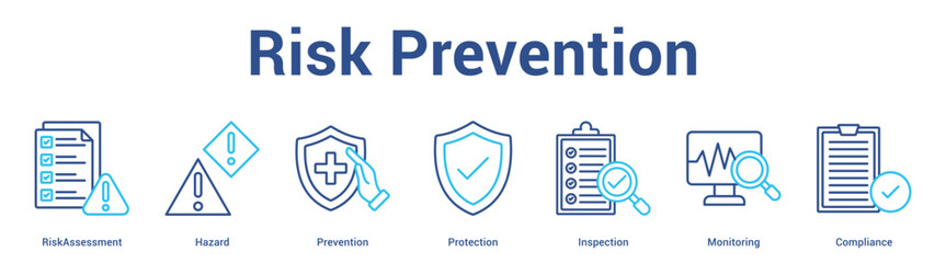 Fototapeta premium Risk Prevention web banner icon set vector illustration concept for business with icon of RiskAssessment, Hazard, Prevention, Protection, Inspecti.