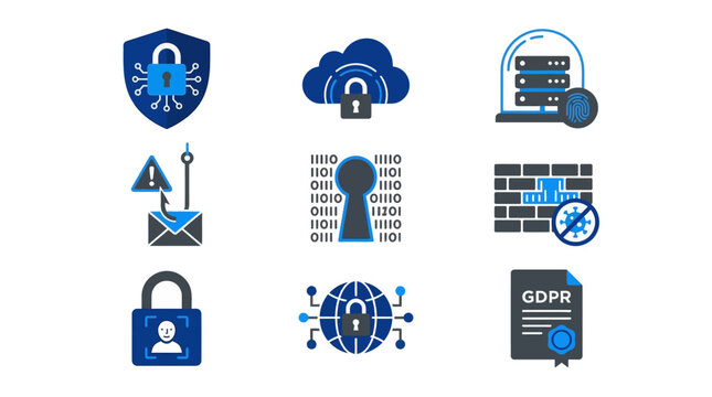 A collection of cybersecurity icons on a white background