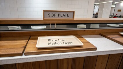 Neutral Kitchen Setup with Labels for Organized Food Preparation and Service in Professional Dining Environment