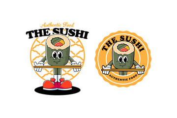 A cheerful and funky retro cartoon maki sushi roll character is standing and carrying a chopstick. Cute maki sushi roll character with seaweed wrap and visible fillings © salzcreative