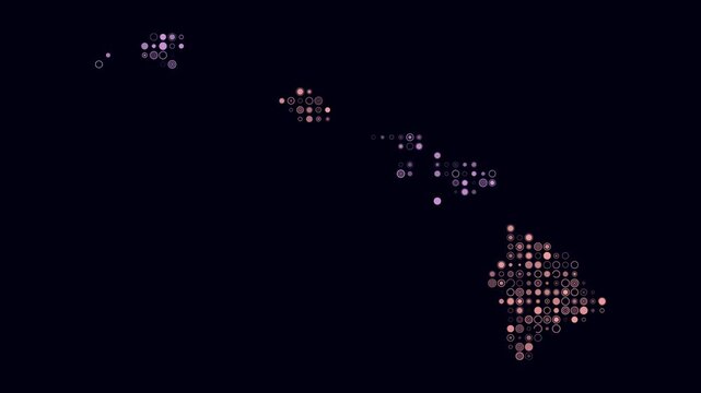 Hawaii animated shape. Pulsating colored dots on the map of the state. Small size circle blocks. Digital style Hawaii map on dark background. Simple animation video.