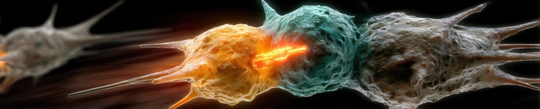 Hyper realistic 3D render of engineered glowing T cell attacking rogue immune cell in vibrant electric blue and fiery orange medical.