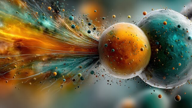 Hyper realistic 3D render of engineered glowing T cell attacking rogue immune cell in vibrant electric blue and fiery orange medical.