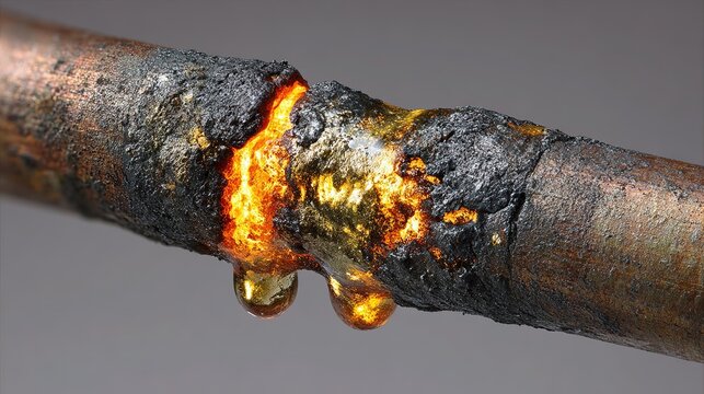 Extreme close-up of copper pipe joint with molten silver brazing alloy smoothly flowing into seam, intense orange glow from welding torch, sharp metallic textures, reflective copper