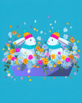 Cute Winter Rabbits in Floral Garden Illustration