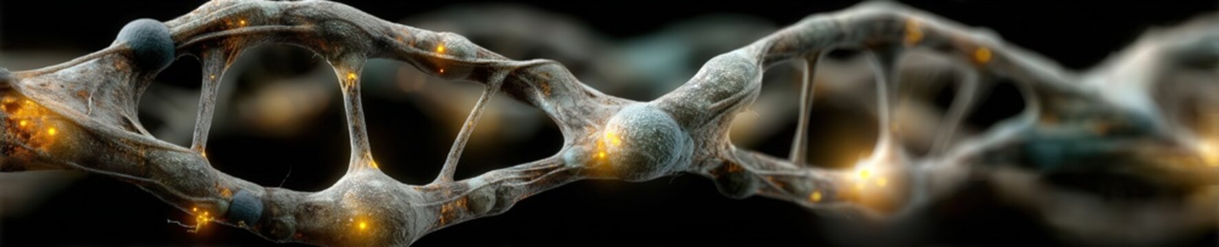 Microscopic 3D view of synthetic nanoplastic particles damaging glowing human DNA strand inside blood vessel in dramatic medical.