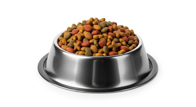Nutritious dry pet food kibble served in a gleaming stainless steel bowl, isolated against a crisp white background, ready for a beloved animal companion's mealtime