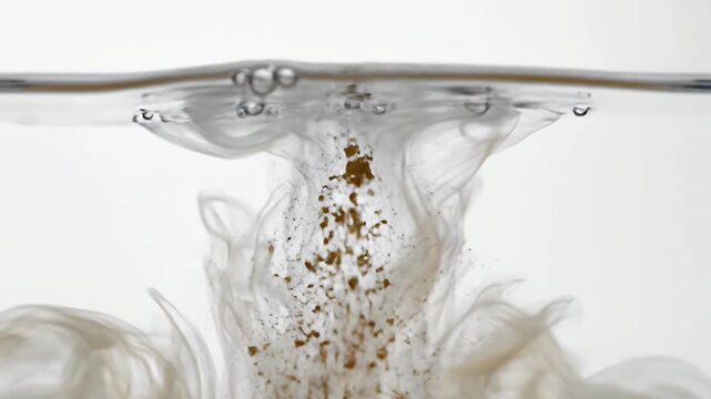 Fine grains of raw sugar dissolving in clear water