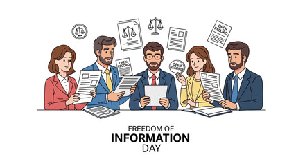 Illustration of a group of business professionals reading documents on Freedom of Information Day with a design celebrating government transparency and public access to information.
