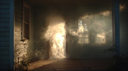 White smoke seeping from house door and window cracks in morning light, mysterious scene, soft diffusion, calm tones, shallow depth focusing on smoke, realistic commercial stock