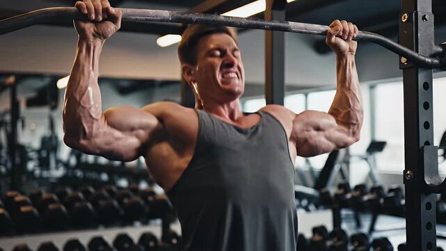 Fit man intensely doing pull ups at the gym
