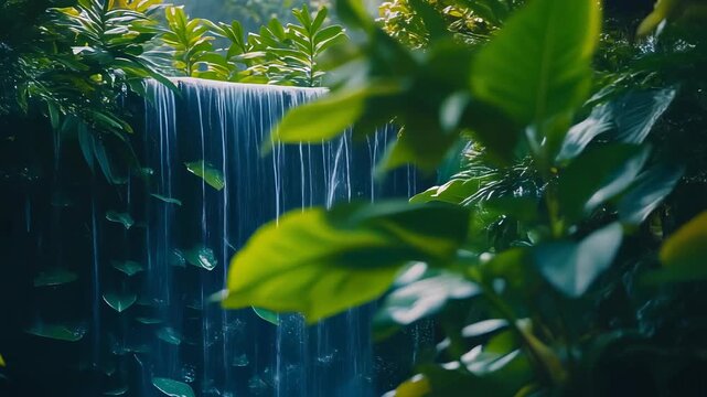 A small waterfall cascades over a dark wall, surrounded by lush green foliage
