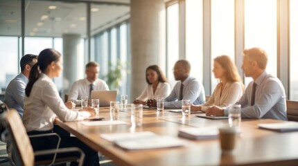 Fototapeta premium A diverse group of business professionals are engaged in a productive meeting around a large table in a sunlit modern office.