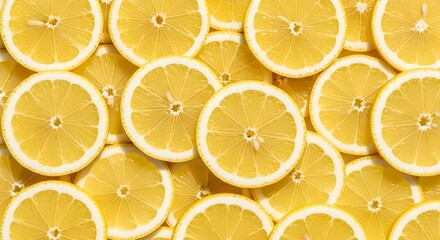 Close-up overhead view of vibrant, fresh lemon slices creating a bright, citrus-filled, and refreshing background pattern