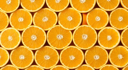 A vibrant, close-up overhead view of perfectly sliced oranges arranged in a repeating pattern, showcasing their juicy texture and bright citrusy appeal